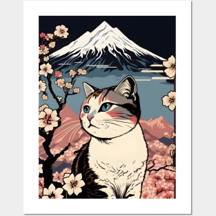 Japanese Cat Cherry Blossom Mount Fuji Posters and Art